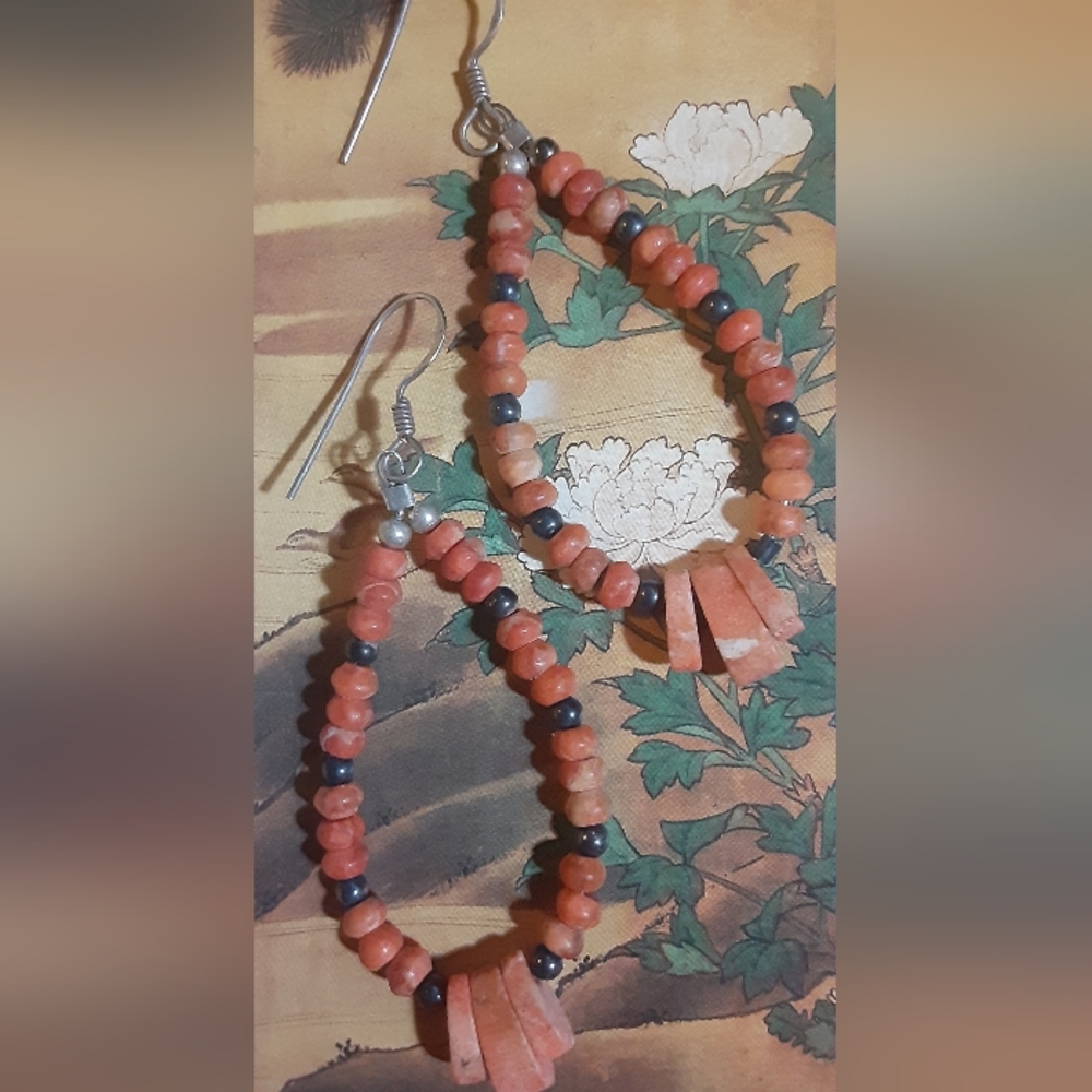 Native American Spiney Oyster & Sterling Silver Beaded Hoop Earrings